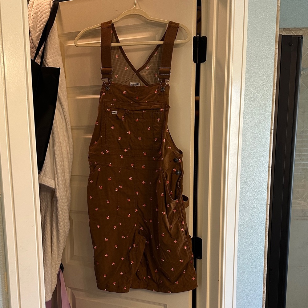 Duluth trading company Brown Floral Overalls w/ mushroom print